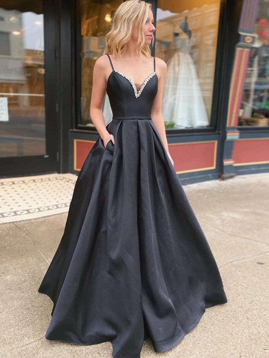 Leanna | A Line Black V Neck Long Prom Dress