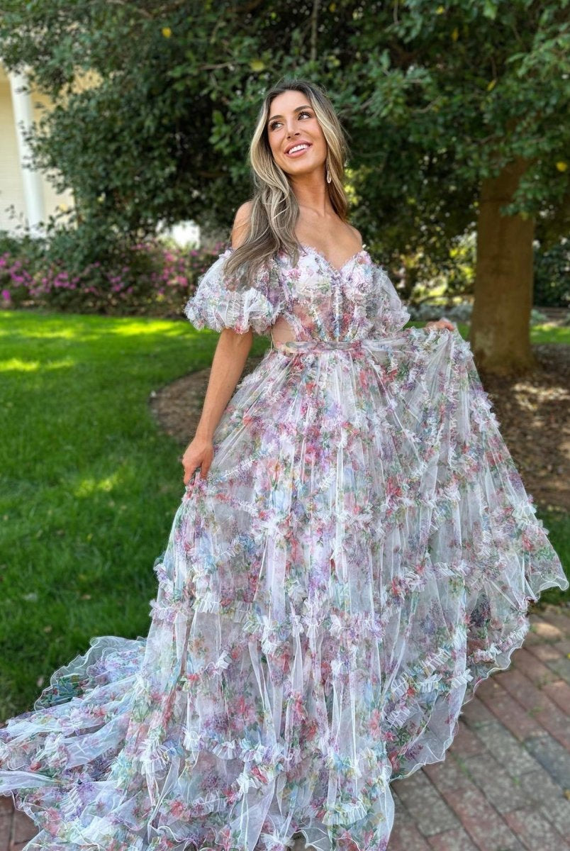 Sydney |A Line Sweetheart Printed Tulle Long Prom Dress