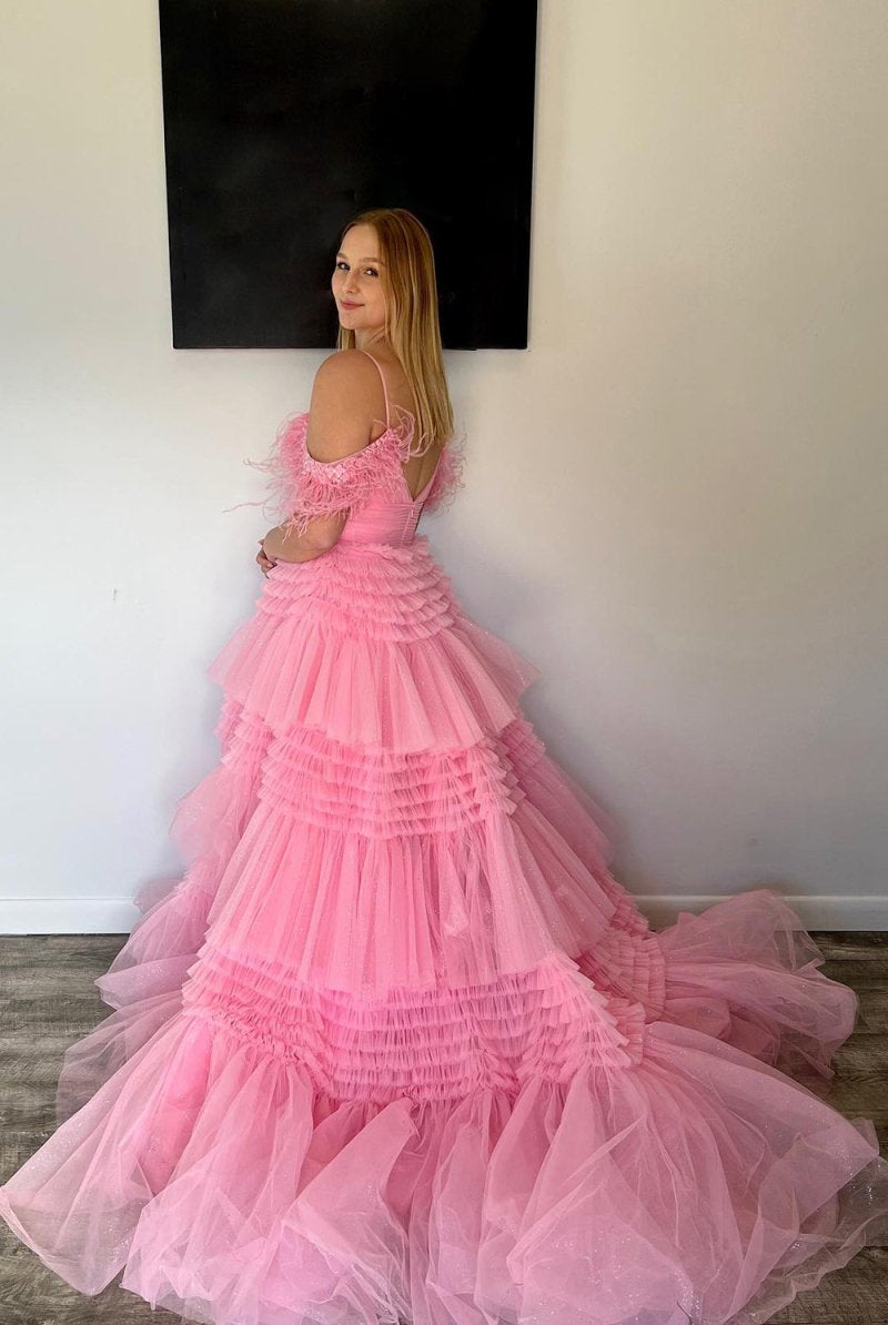 Lilah |A - line Spaghetti Straps Glitter Tulle Prom Dress with Slit - KissProm