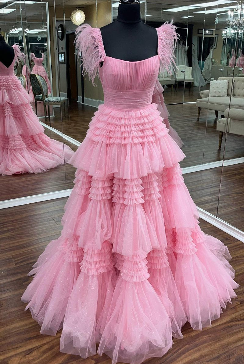 Lilah |A - line Spaghetti Straps Glitter Tulle Prom Dress with Slit - KissProm