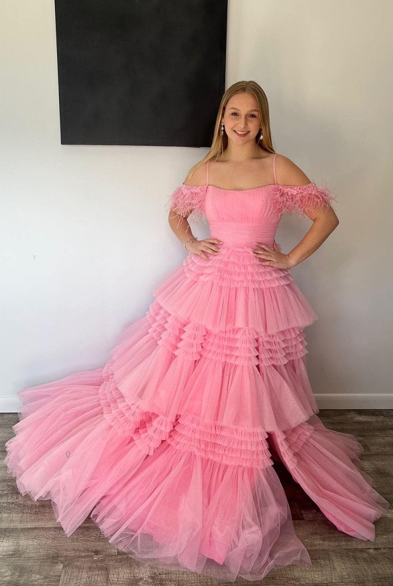 Lilah |A - line Spaghetti Straps Glitter Tulle Prom Dress with Slit - KissProm