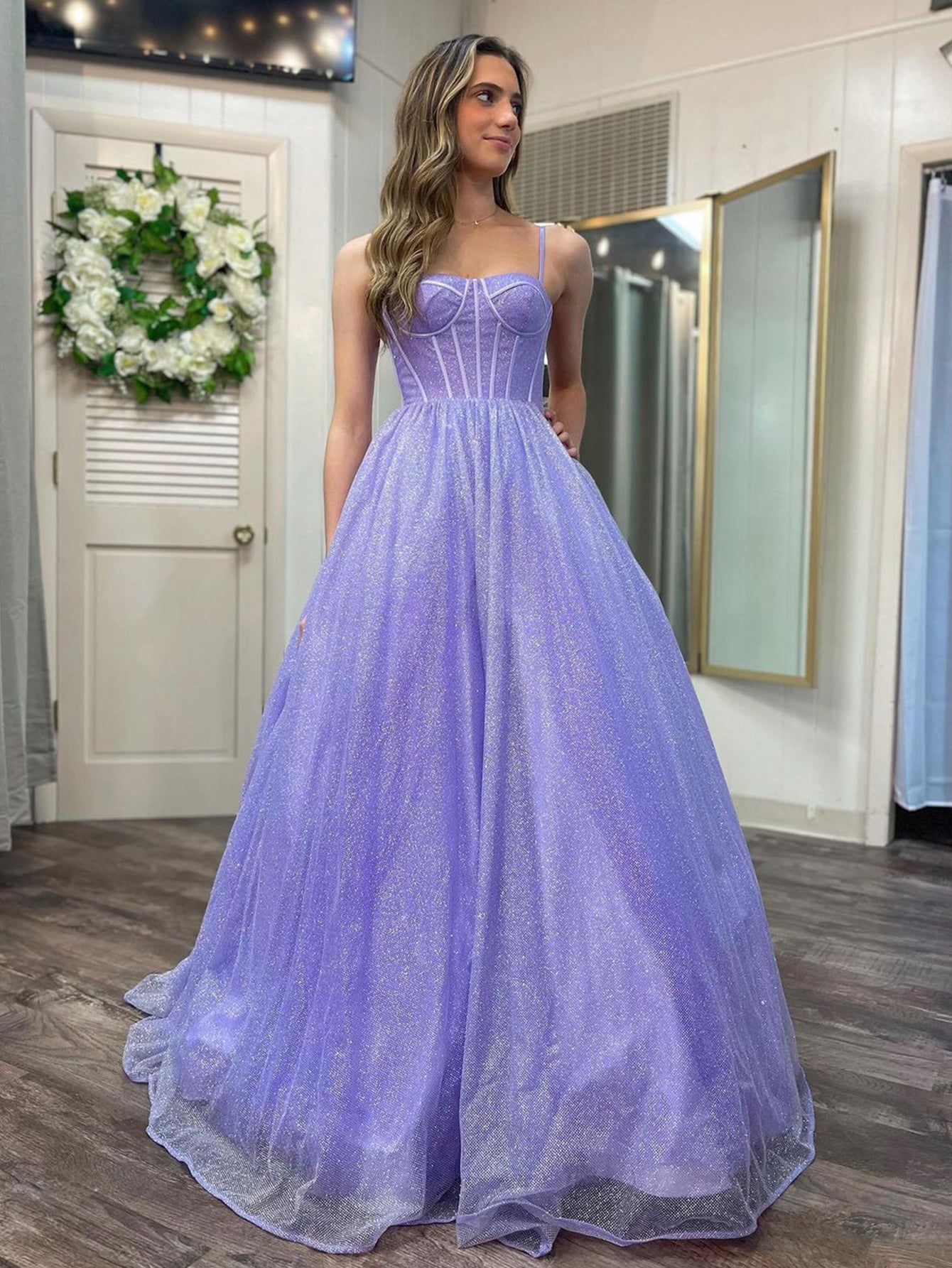 Light purple tulle long prom dress, purple tulle evening dress
