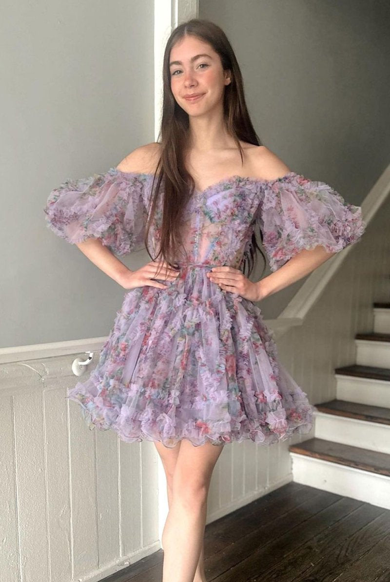Ivana | Light Purple A Line Off the Shoulder Printed Homecoming Dress