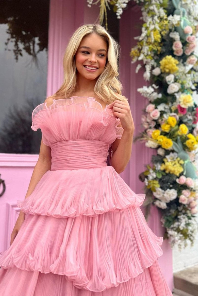 Vanessa |Strapless A-Line Tiered Crinkled Tulle Prom Dress