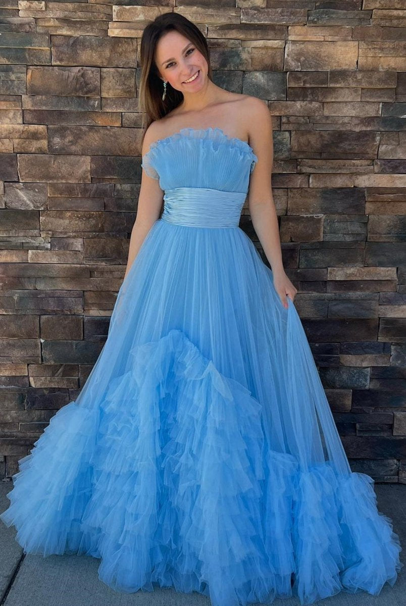 Alani |A-Line Strapless Pink Tiered Long Tulle Prom Dress