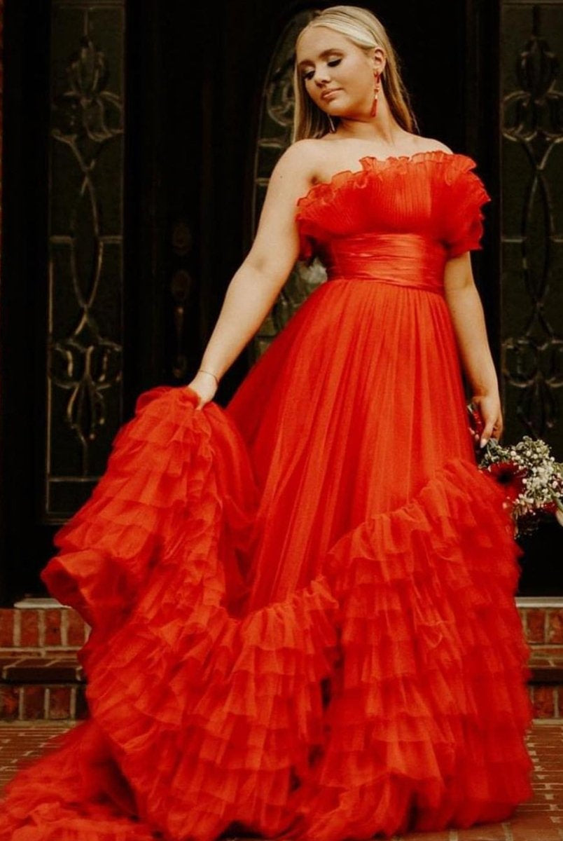 Alani |A-Line Strapless Pink Tiered Long Tulle Prom Dress