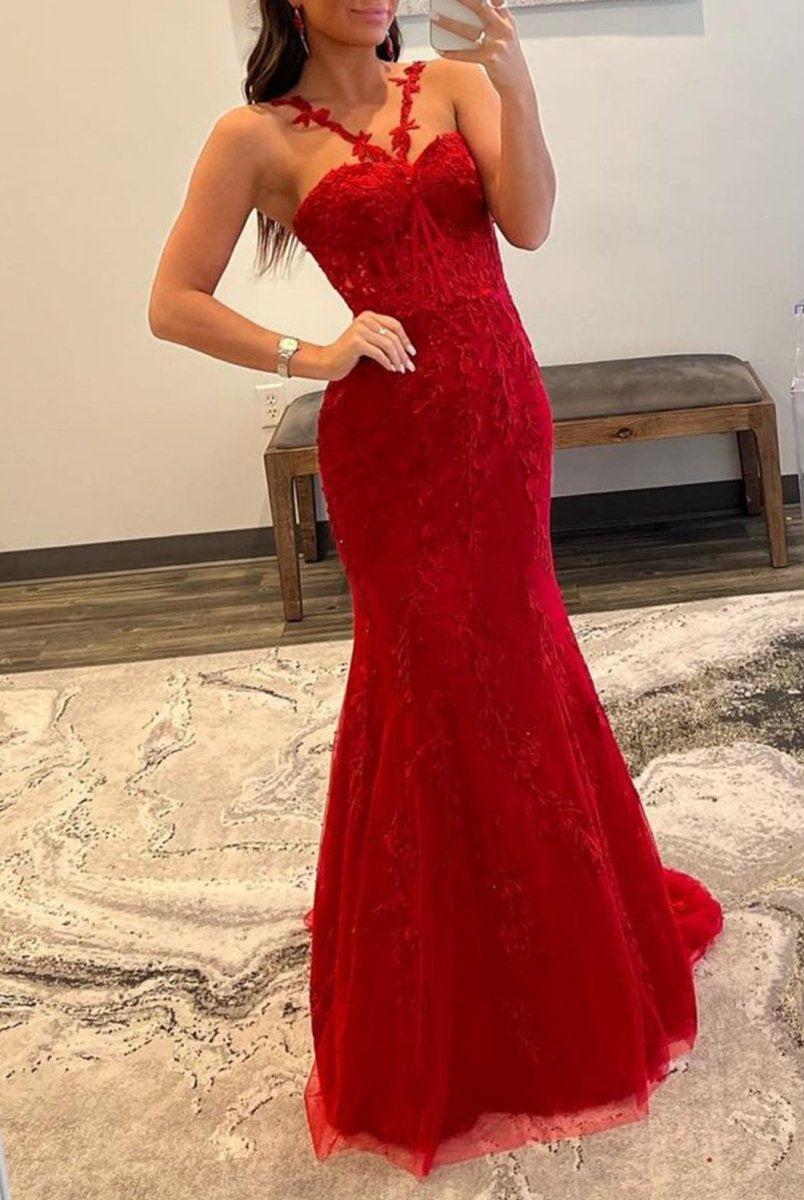 Morgan |Red Mermaid Halter Lace Mermaid Long Prom Dress