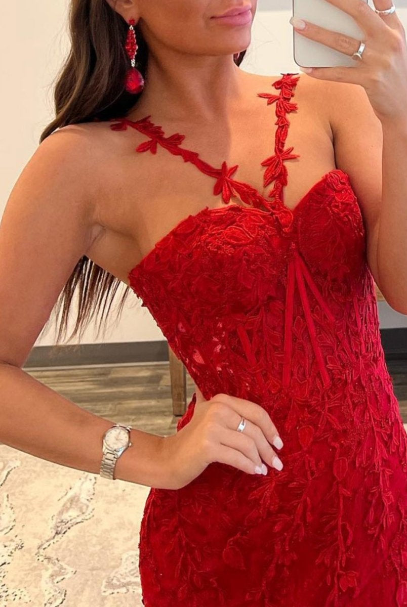 Morgan |Red Mermaid Halter Lace Mermaid Long Prom Dress