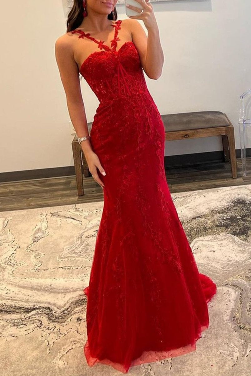 Morgan |Red Mermaid Halter Lace Mermaid Long Prom Dress