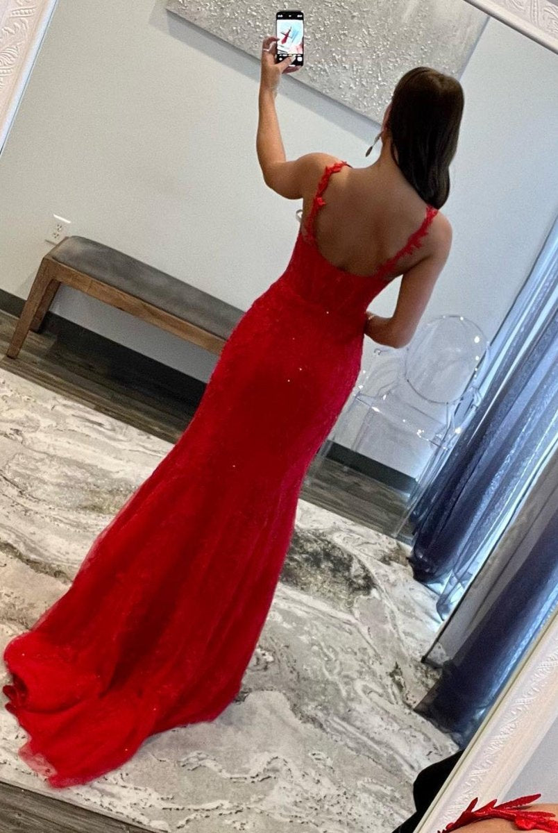 Morgan |Red Mermaid Halter Lace Mermaid Long Prom Dress