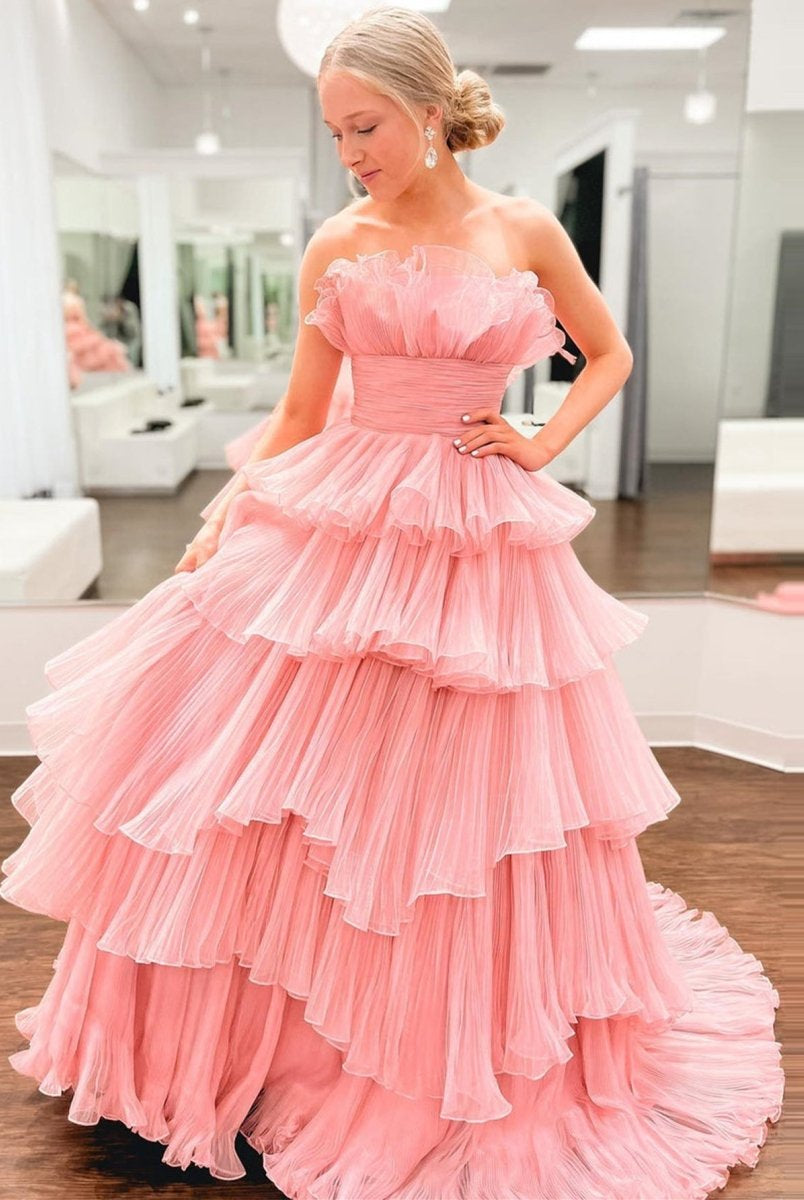 Vanessa |Strapless A-Line Tiered Crinkled Tulle Prom Dress