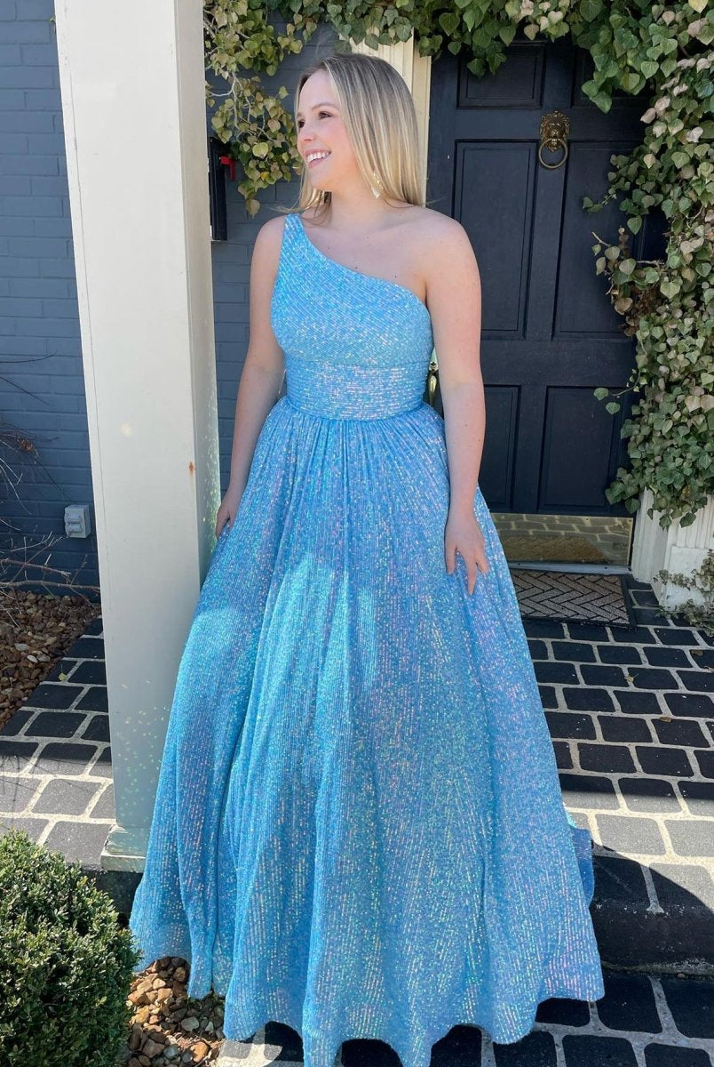 Charlee |A-Line One Shoulder Sequins Prom Dress with Pockets