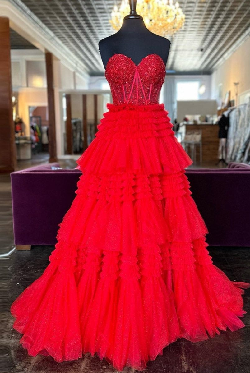 Adelyn |A-Line Sweetheart Tiered Long Tulle Prom Dress