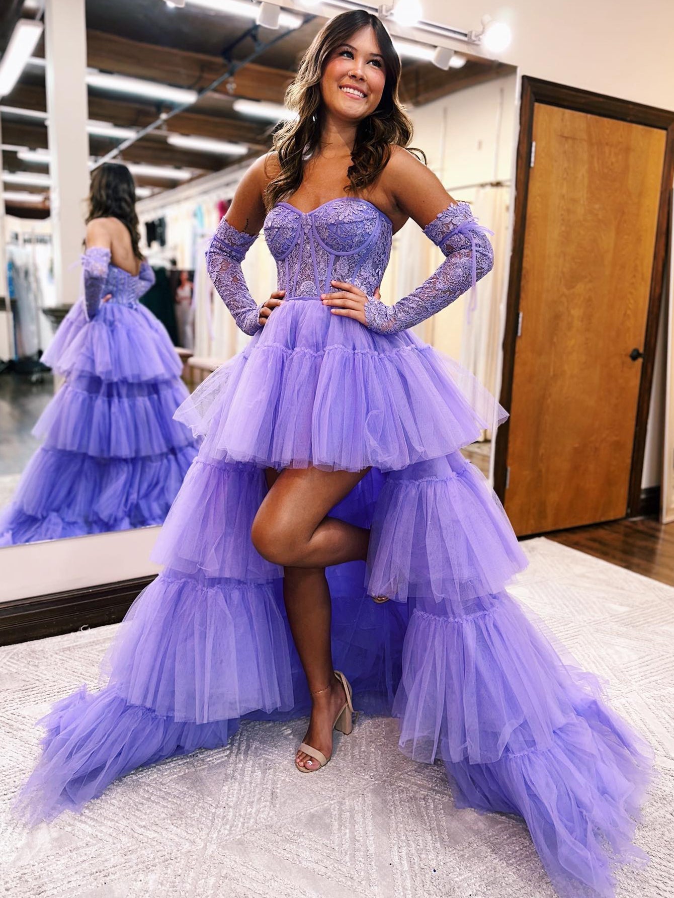Paige Purple A-Line Asymmetrical Strapless Tiered Tulle Prom Dress