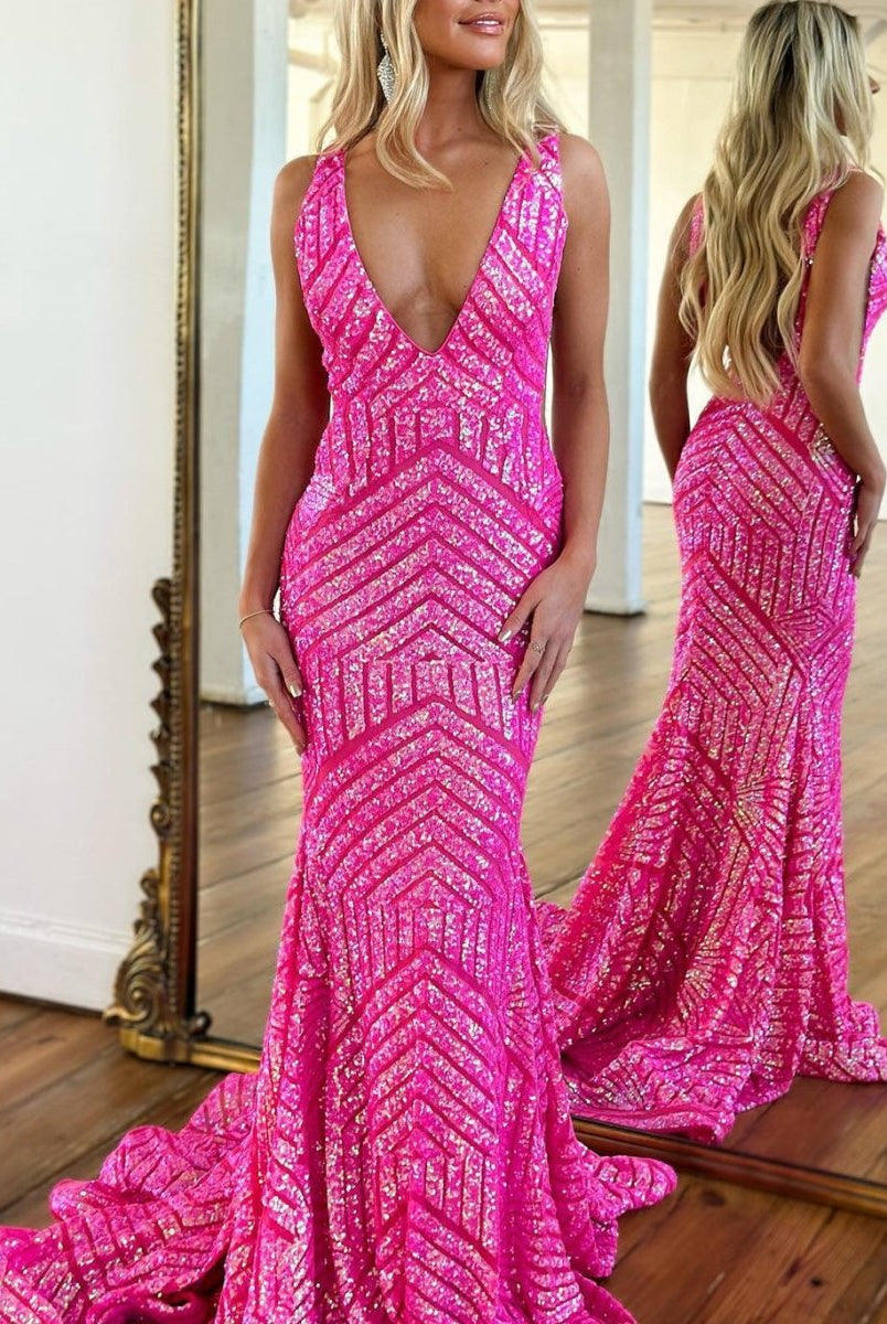 Nina | Red Mermaid Deep V Neck Sequins Prom Dress