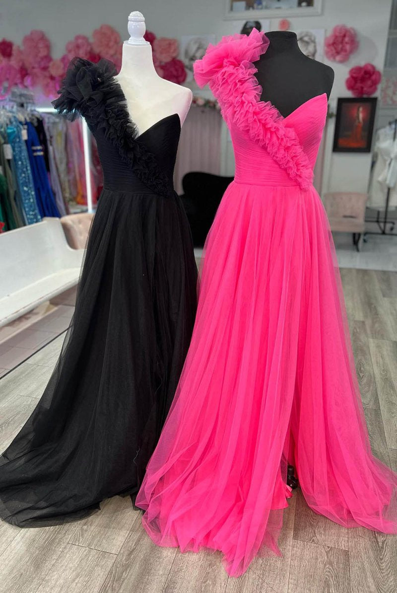 Delaney |A-Line One Shoulder Long Tulle Prom Dress with Ruffles