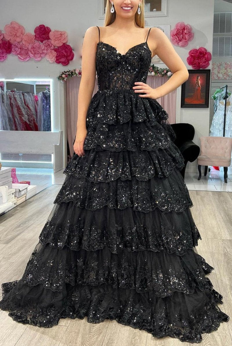 Maryam |A Line Spaghetti Straps Tiered Lace Prom Dress