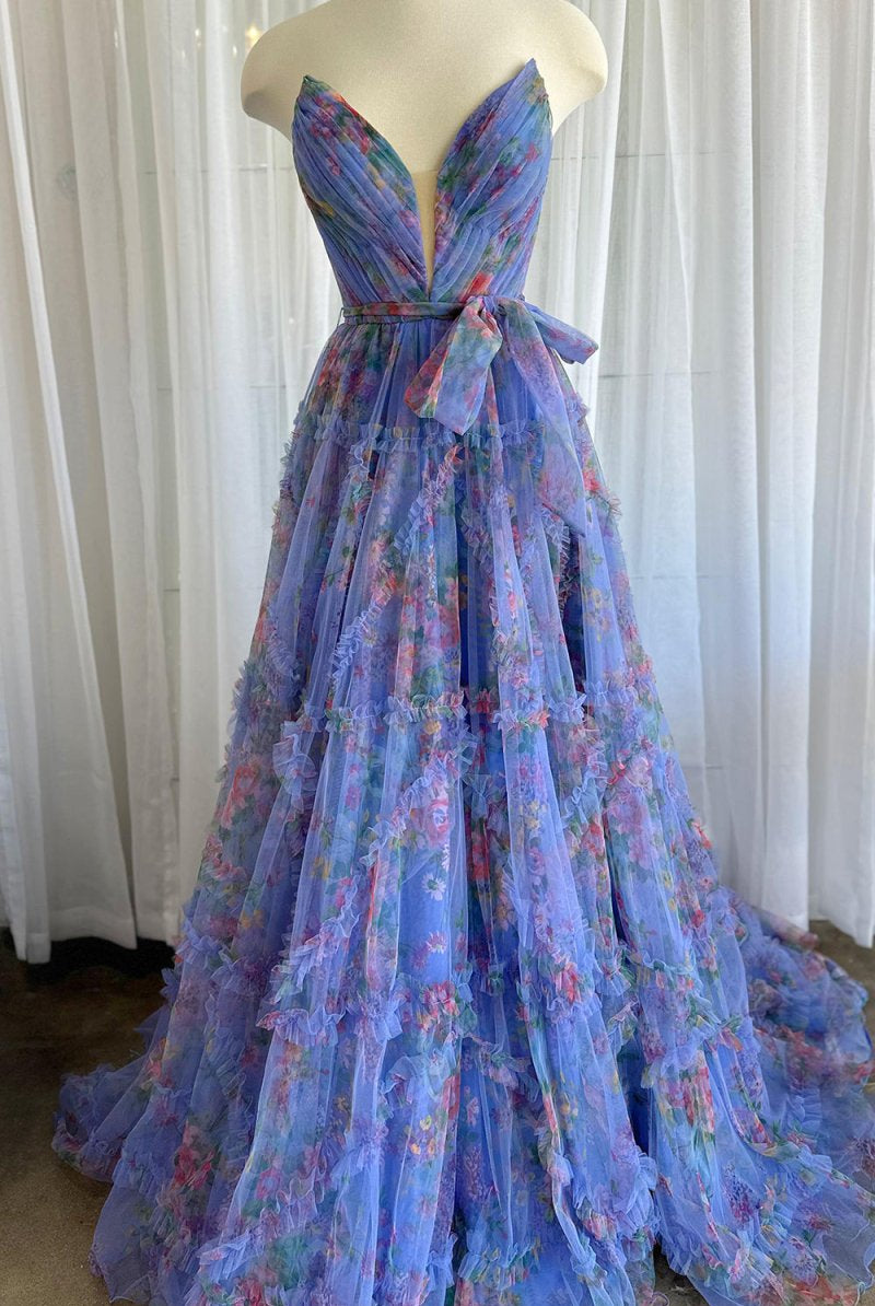 Izabella |A-Line Sweetheart Floral Printed Tulle Prom Dress with Slit