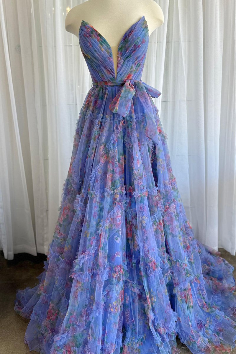 Izabella |A-Line Sweetheart Floral Printed Tulle Prom Dress with Slit