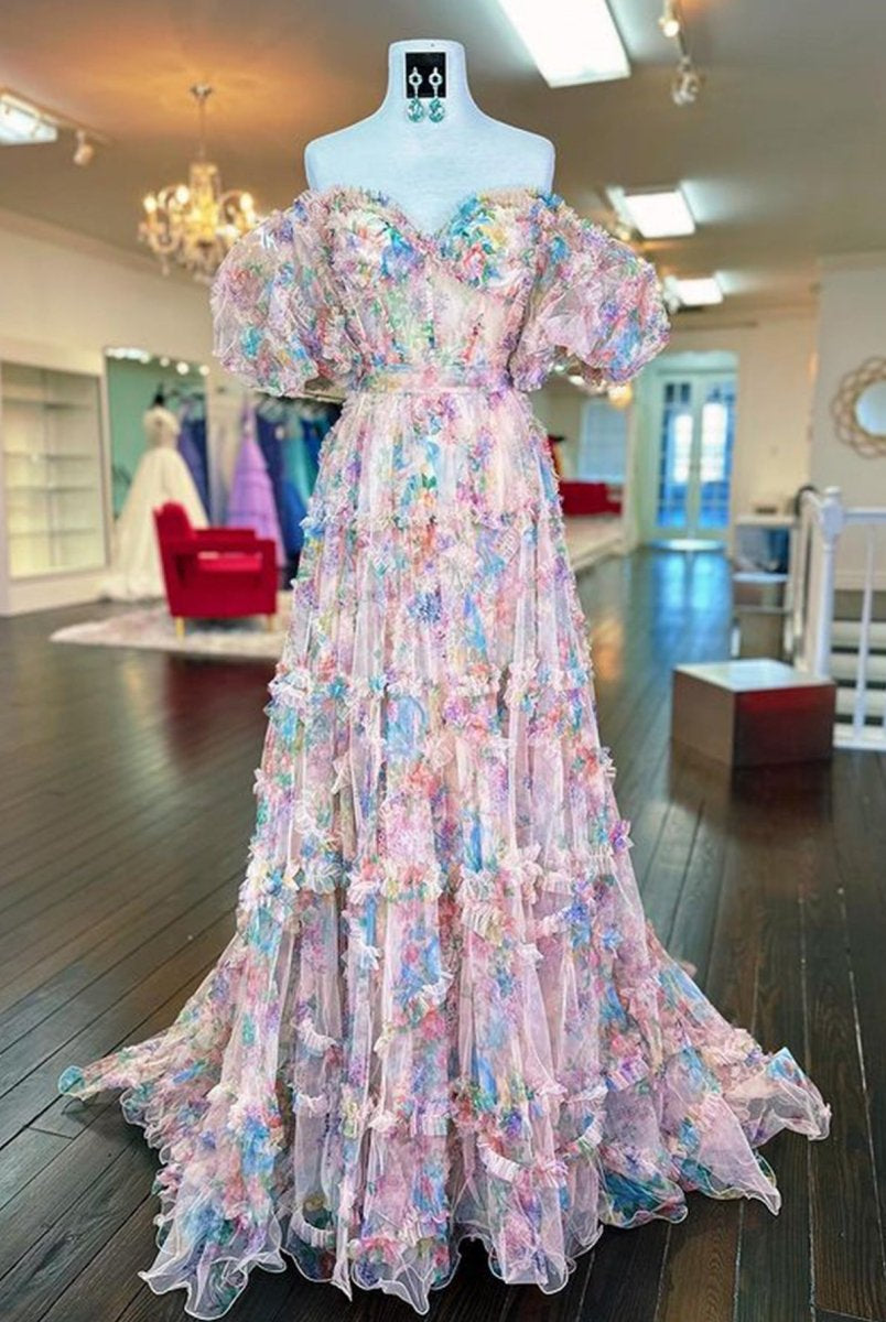 Sydney |A Line Sweetheart Printed Tulle Long Prom Dress