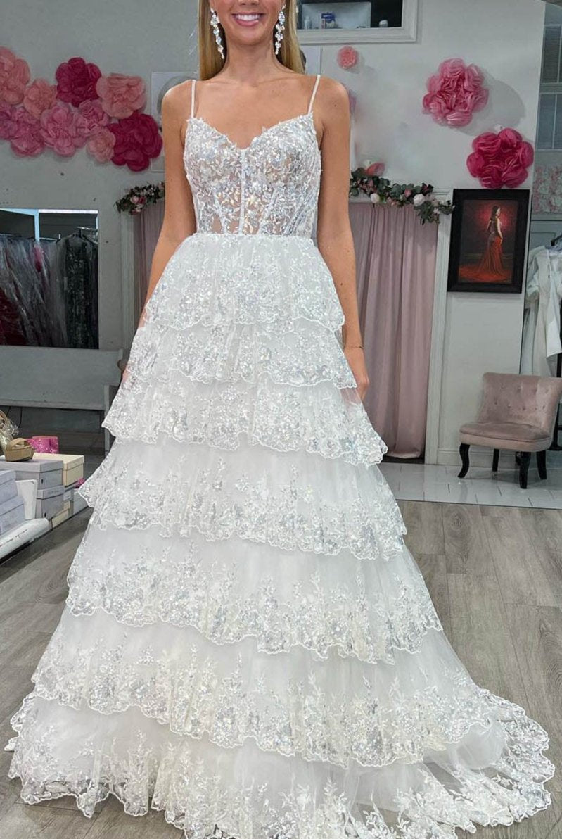 Maryam |A Line Spaghetti Straps Tiered Lace Prom Dress