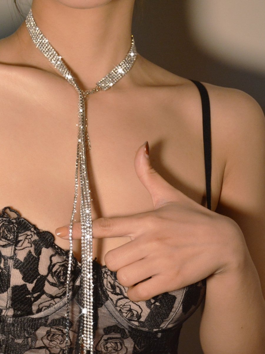 Silver Simple Tassel Rhinestones Necklace - KissProm