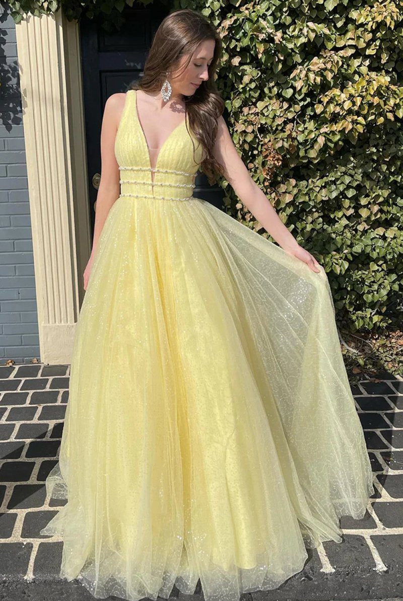 Alaiya |A - Line V Neck Glitter Tulle Prom Dress - KissProm