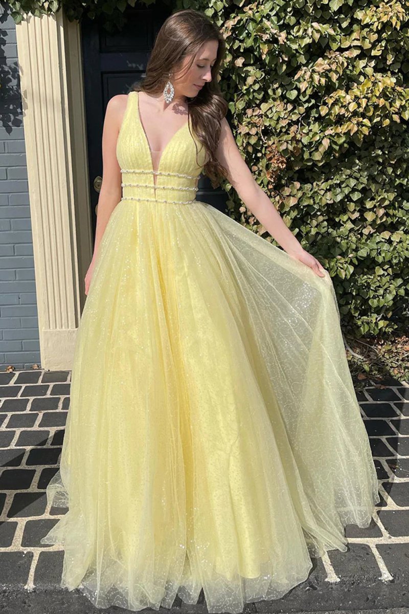 Alaiya |A - Line V Neck Glitter Tulle Prom Dress - KissProm