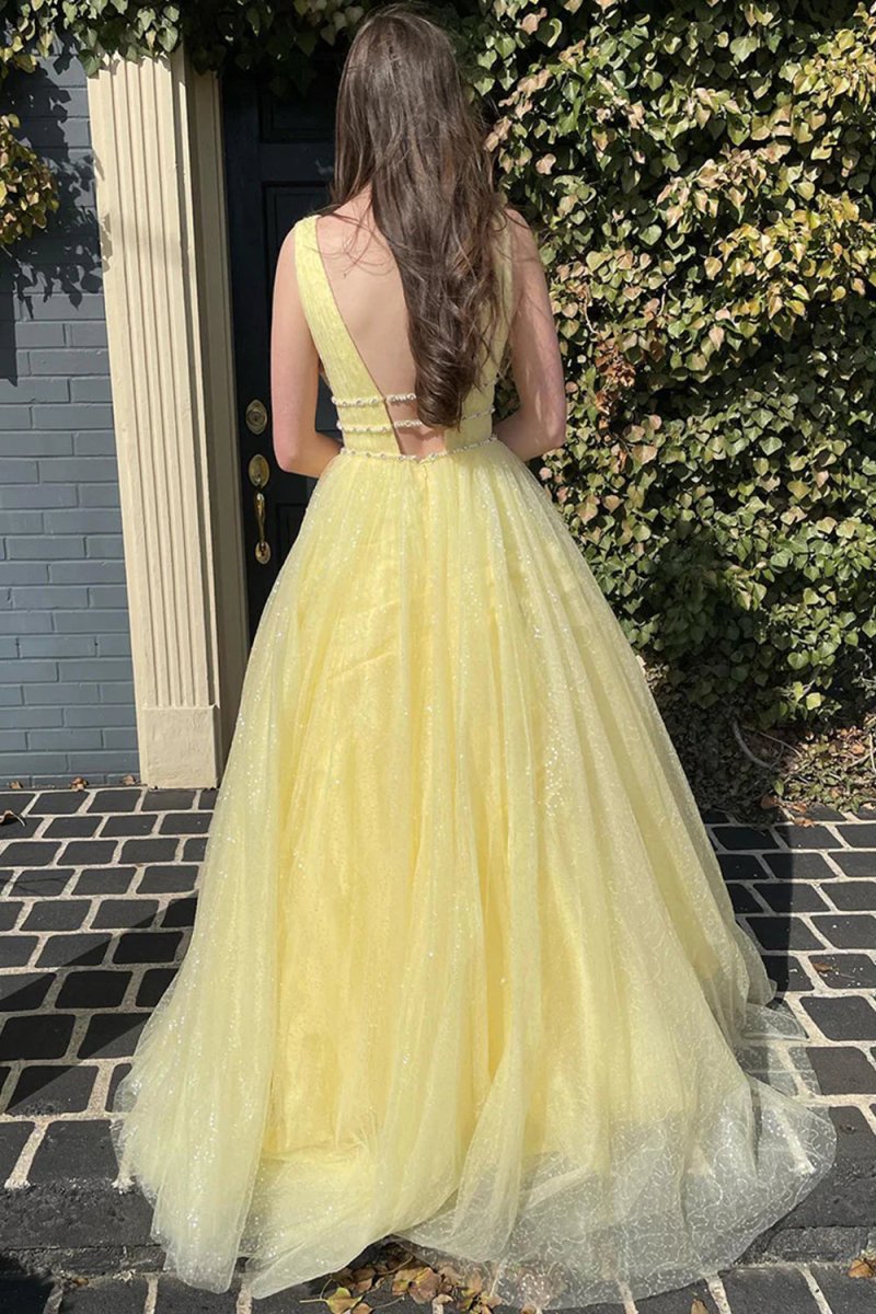 Alaiya |A - Line V Neck Glitter Tulle Prom Dress - KissProm