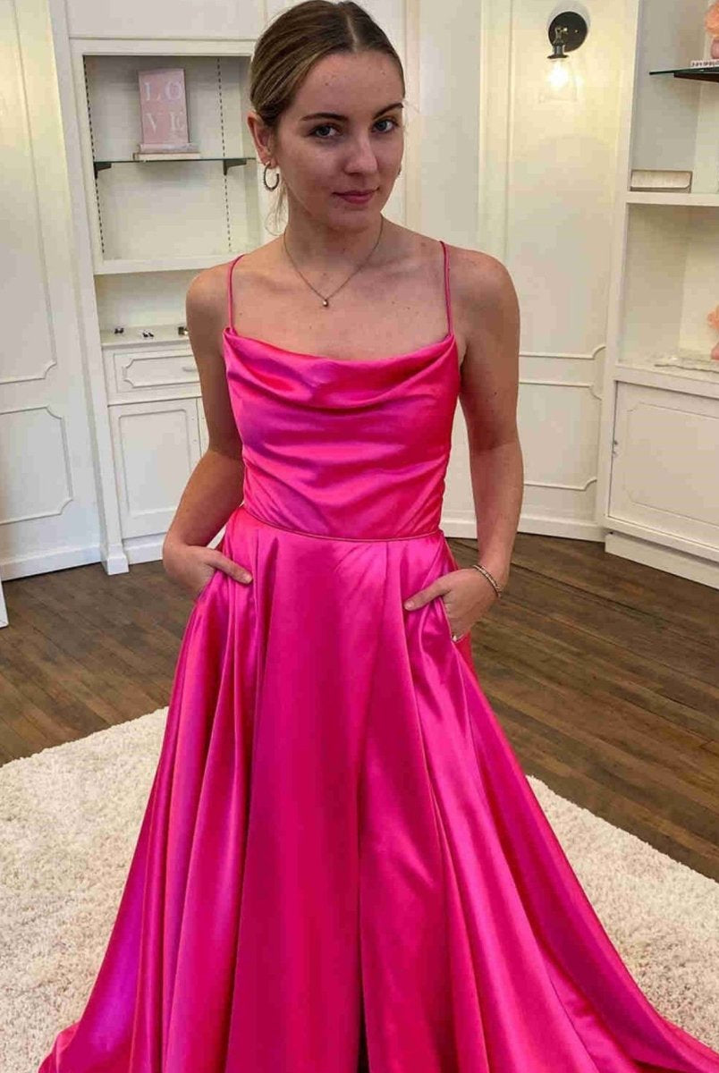 Araya |A Line Cowl Neck Satin Prom Dress With Slit - KissProm