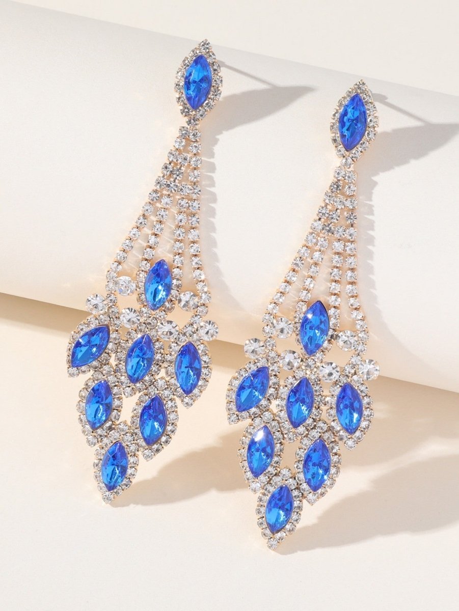 Blue Statement Rhinestones Tassel Long Earrings - KissProm