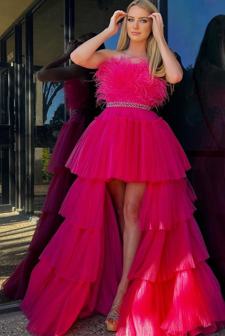 Marie| A-line High-Low Strapless Ruffled Tulle Prom Dress with Feathers