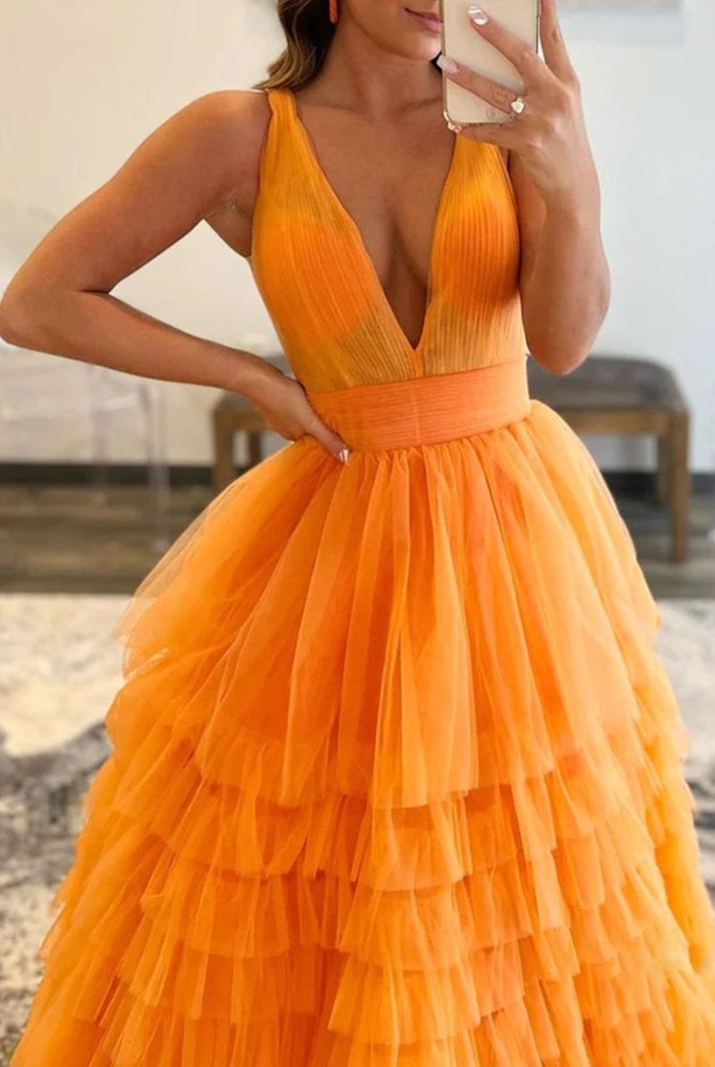 Reese |A-line Orange V-Neck Tulle Long Prom Dress