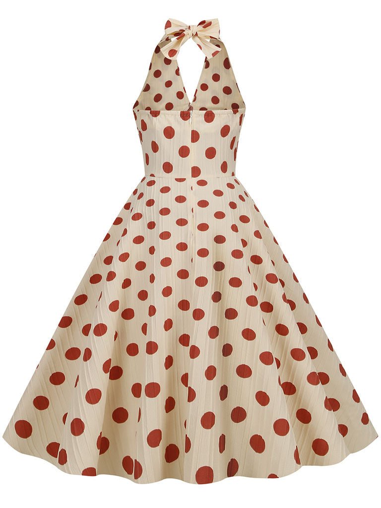 Polka Dots Halter Audrey Hepburn Style 1950S Vintage Dress With Bow Backless - KissProm