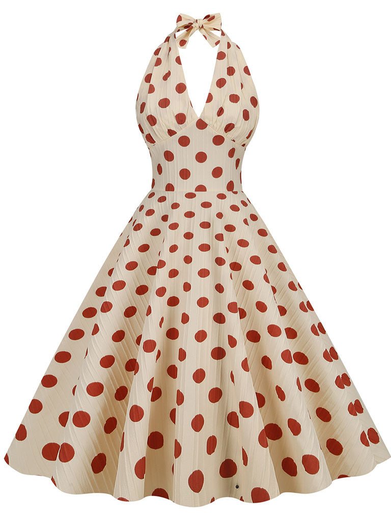 Polka Dots Halter Audrey Hepburn Style 1950S Vintage Dress With Bow Backless - KissProm