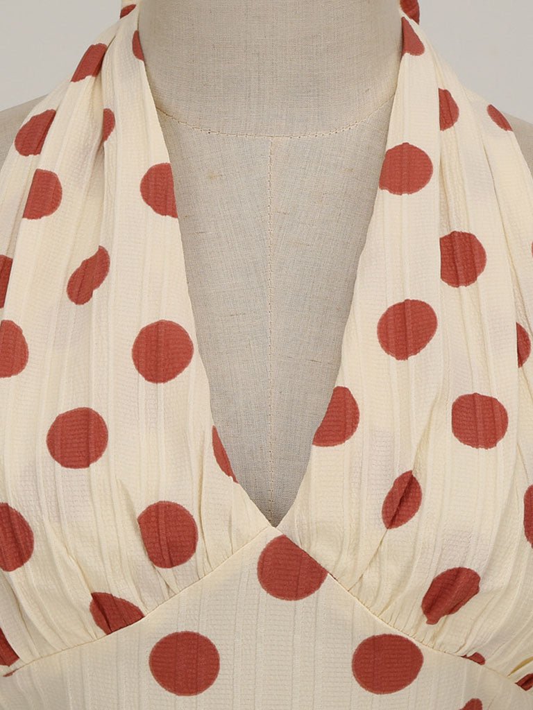 Polka Dots Halter Audrey Hepburn Style 1950S Vintage Dress With Bow Backless - KissProm