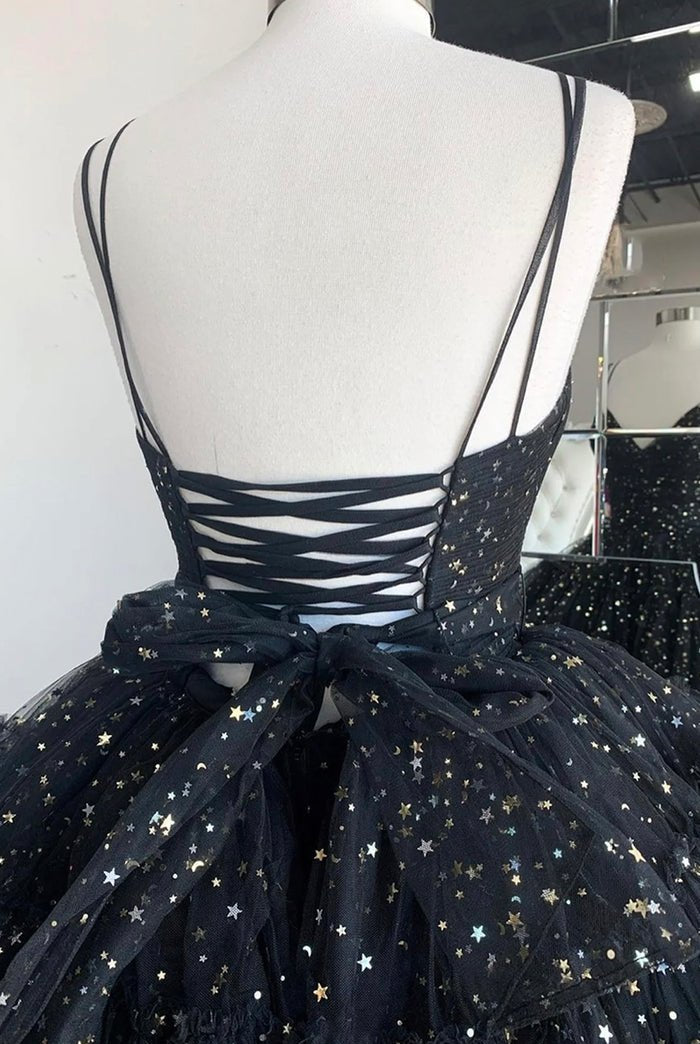 Nathalia |A Line Spaghetti Straps Tiered Tulle High Low Prom Dress