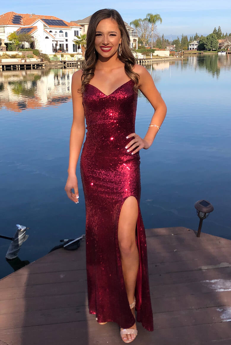 Glittery V - Neck Mermaid Long Burgundy Prom Dress - KissProm