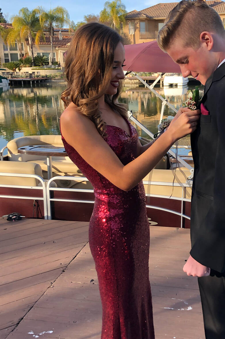 Glittery V - Neck Mermaid Long Burgundy Prom Dress - KissProm