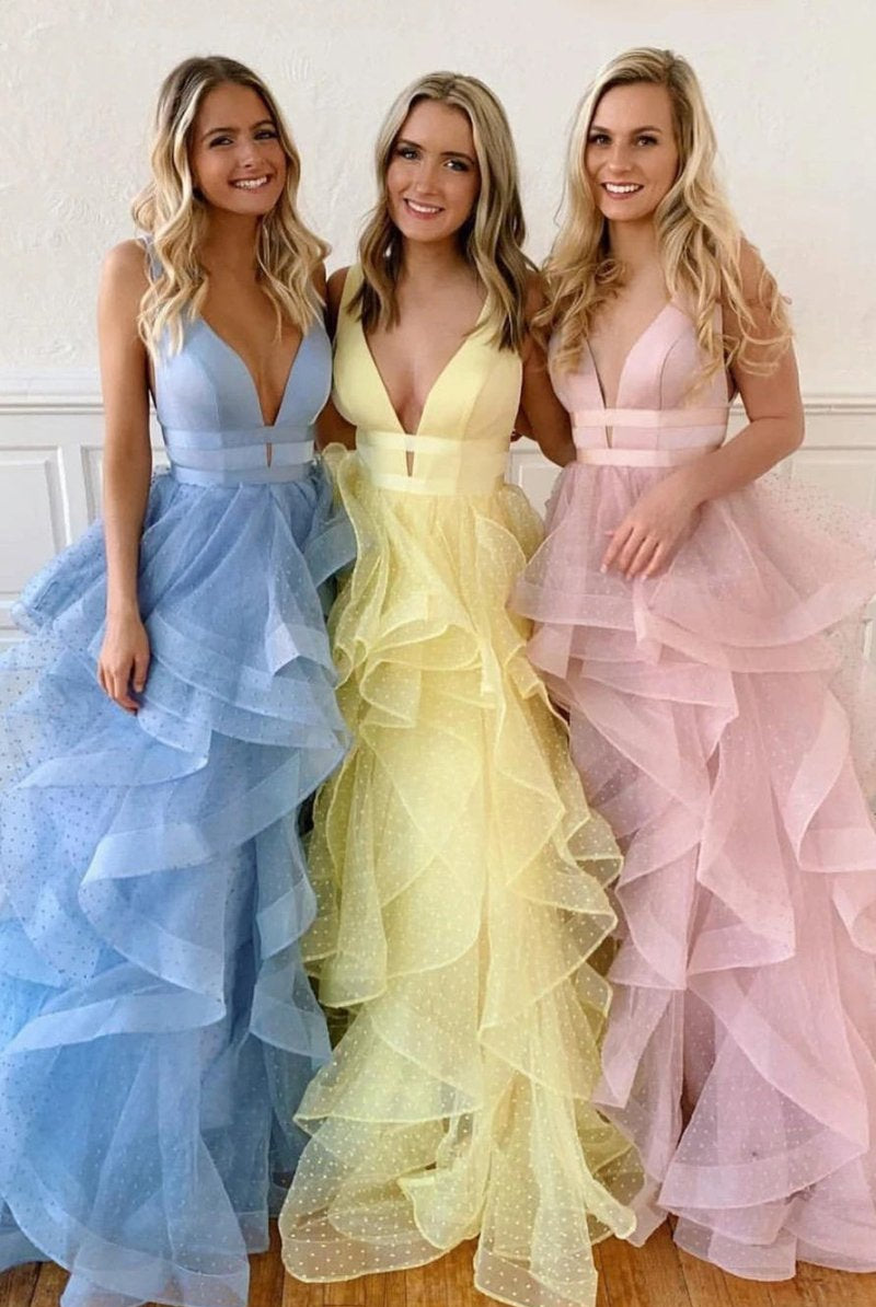 Teagan |A-line V Neck Cascading Ruffles Long Prom Dress