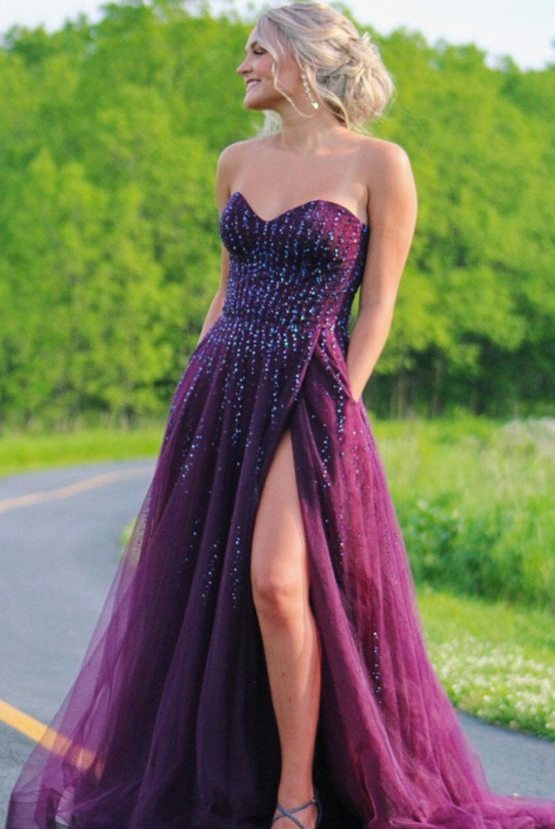 Alyssa |Sweetheart A-line Plum Tulle Prom Dress with Slit