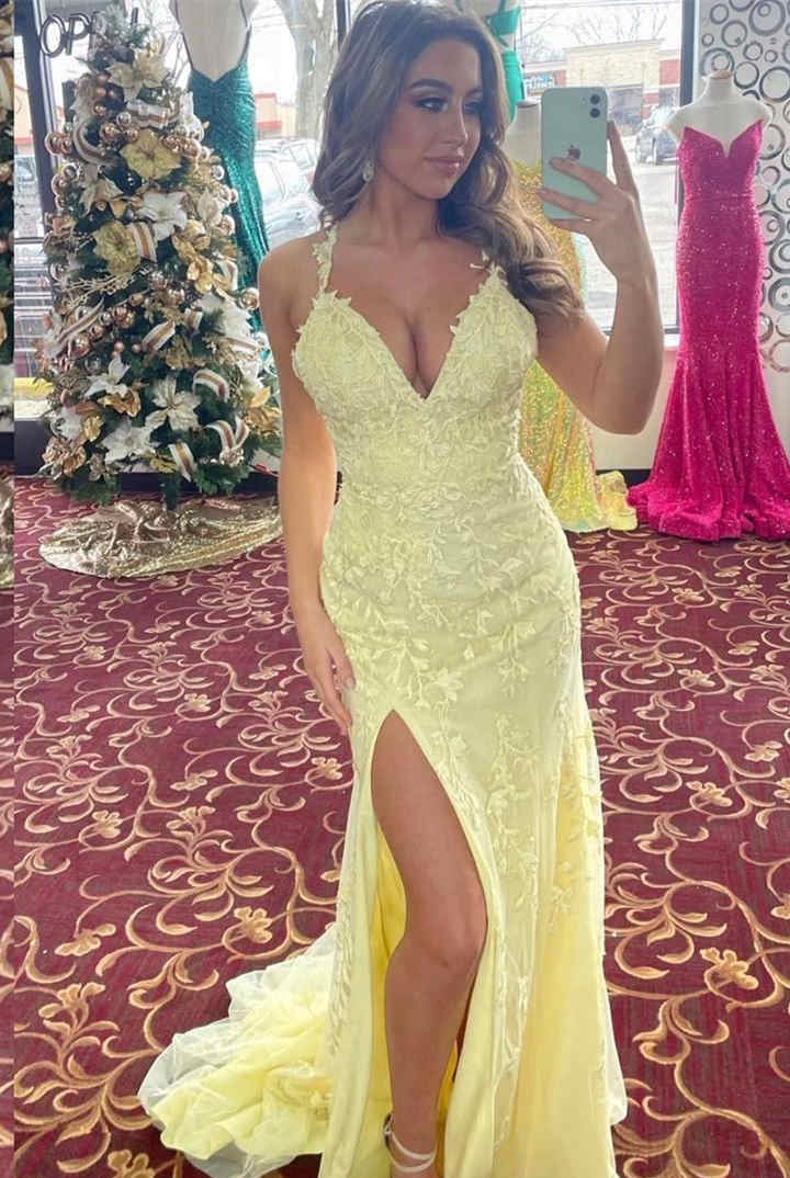 Kalista | Elegant V-Neck Light Yellow long Prom Dress with Lace Appliques