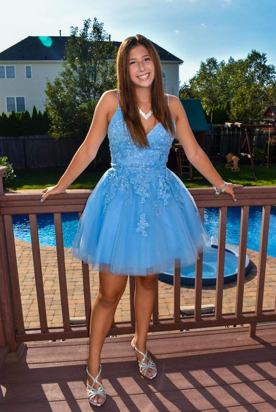 V Neck Short Sky Blue Homecoming Dress