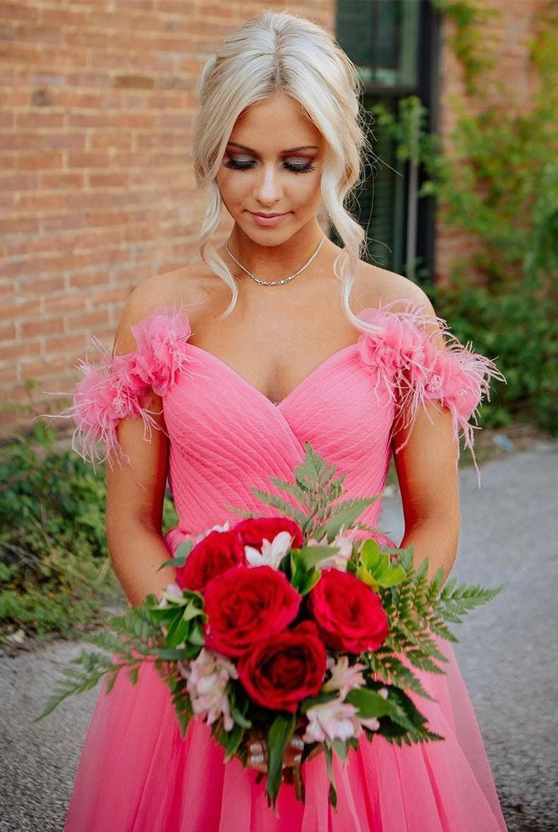 Off the shoulder Coral Long Prom Dress