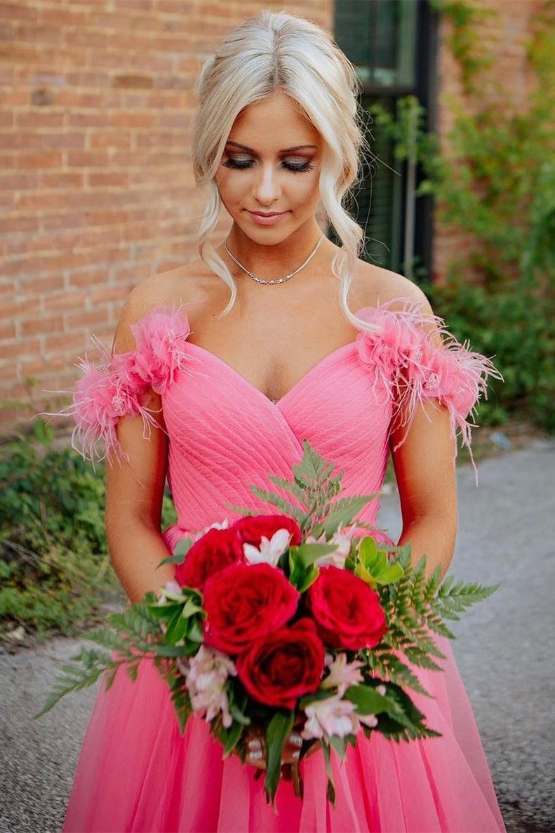 Off the shoulder Coral Long Prom Dress