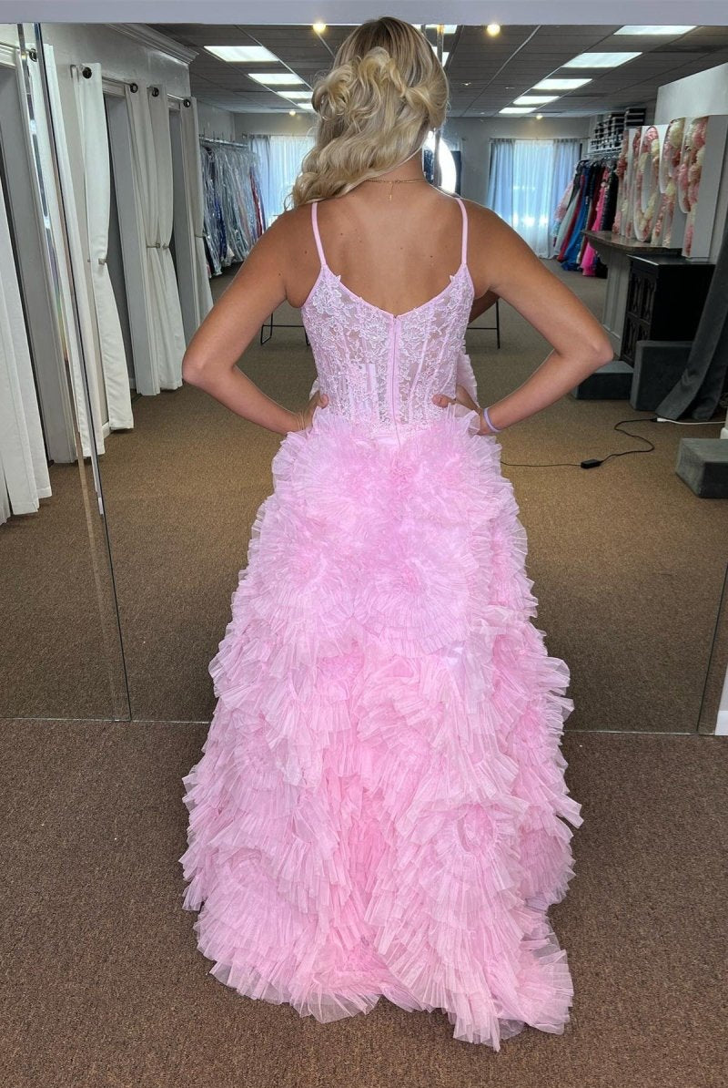 Tiffany | Pink Plunging V Ruffles Floral Long Prom Dress with Slit - KissProm