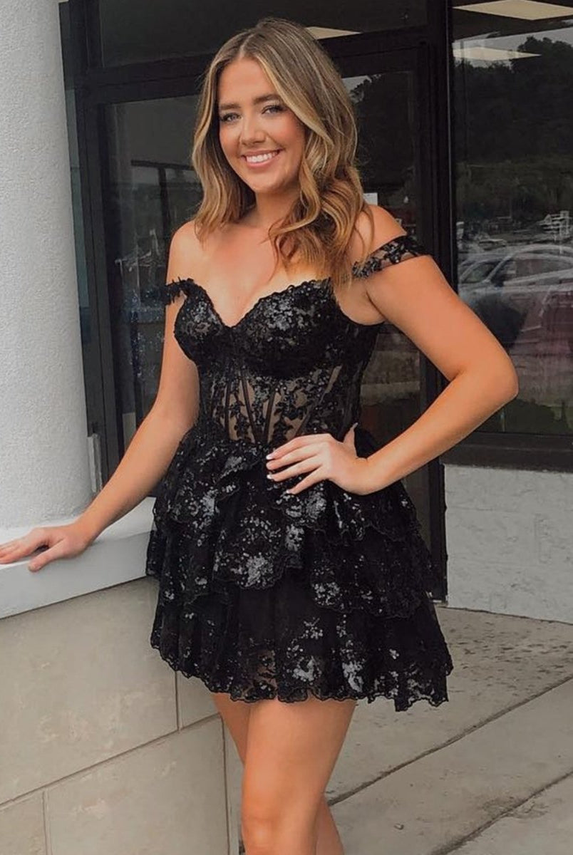Everly | Black - A-Line Sweetheart Tiered Short Homecoming Dress