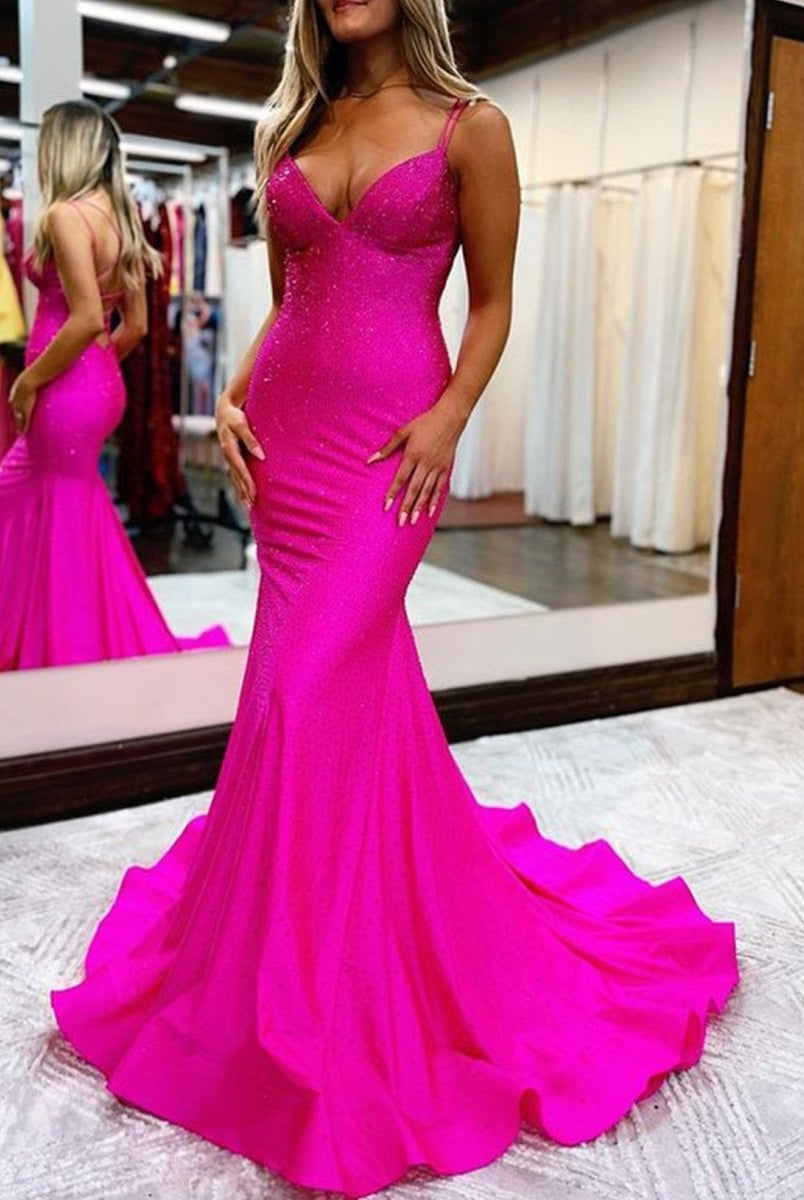 Lilly |Sparkly Mermaid V Neck Beaded Satin Long Prom Dress