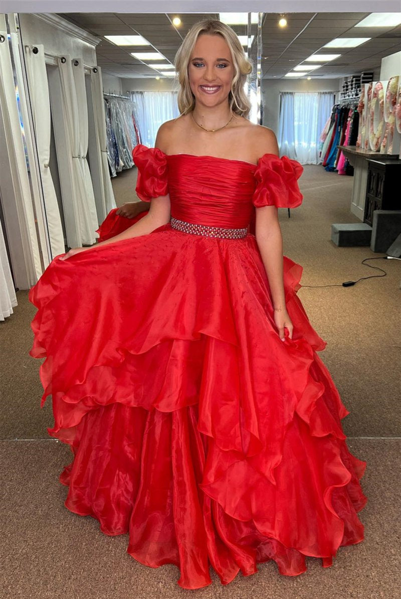 Giovanna | Red Off - the - Shoulder Layers Beaded Tulle Long Prom Dress - KissProm
