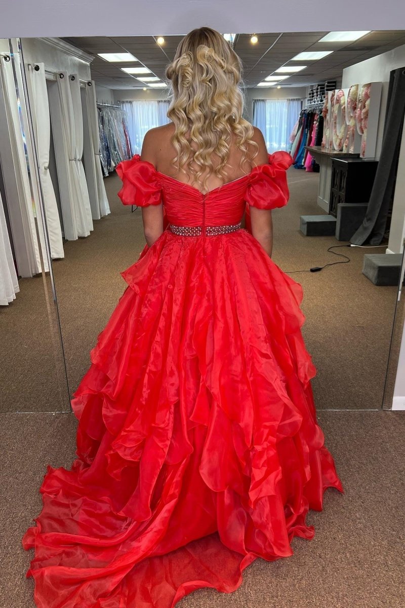 Giovanna | Red Off - the - Shoulder Layers Beaded Tulle Long Prom Dress - KissProm